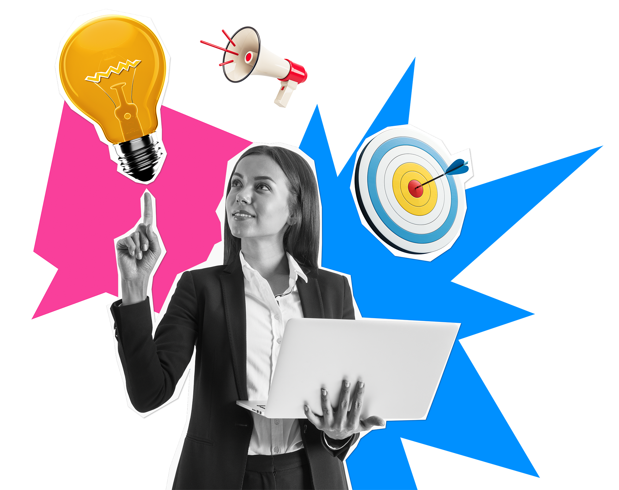 Antworten zu den häufigsten Fragen, Frau zeigt auf Glühbirne, Zielscheibe und hält einen Laptop in der Hand.